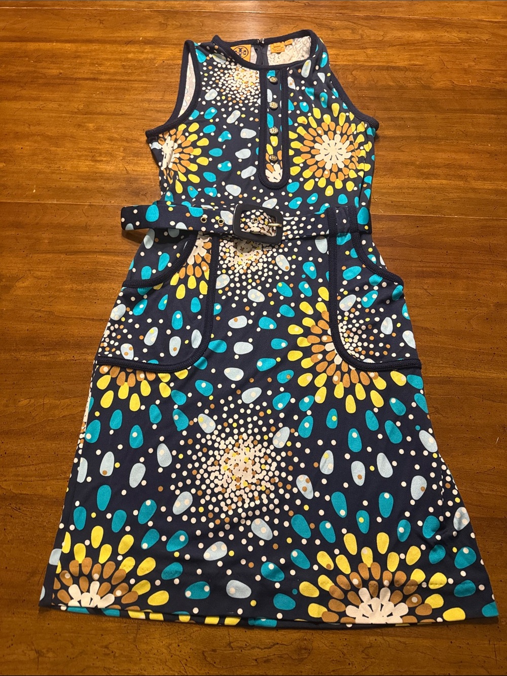 Tory Burch Navy Sleeveless Belted Floral-Print Dress - Blue & Yellow